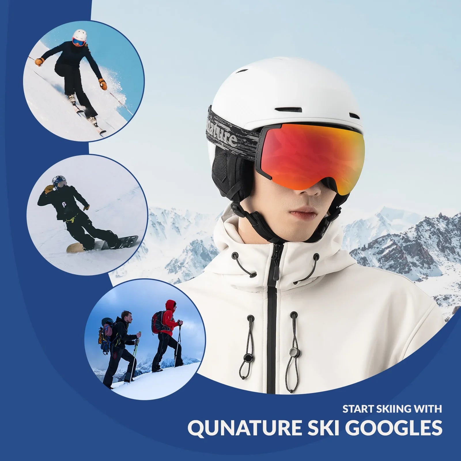 Qunature Global anti-fog ski goggles with UV400 protection and double-layer lenses for clear winter mountain views.