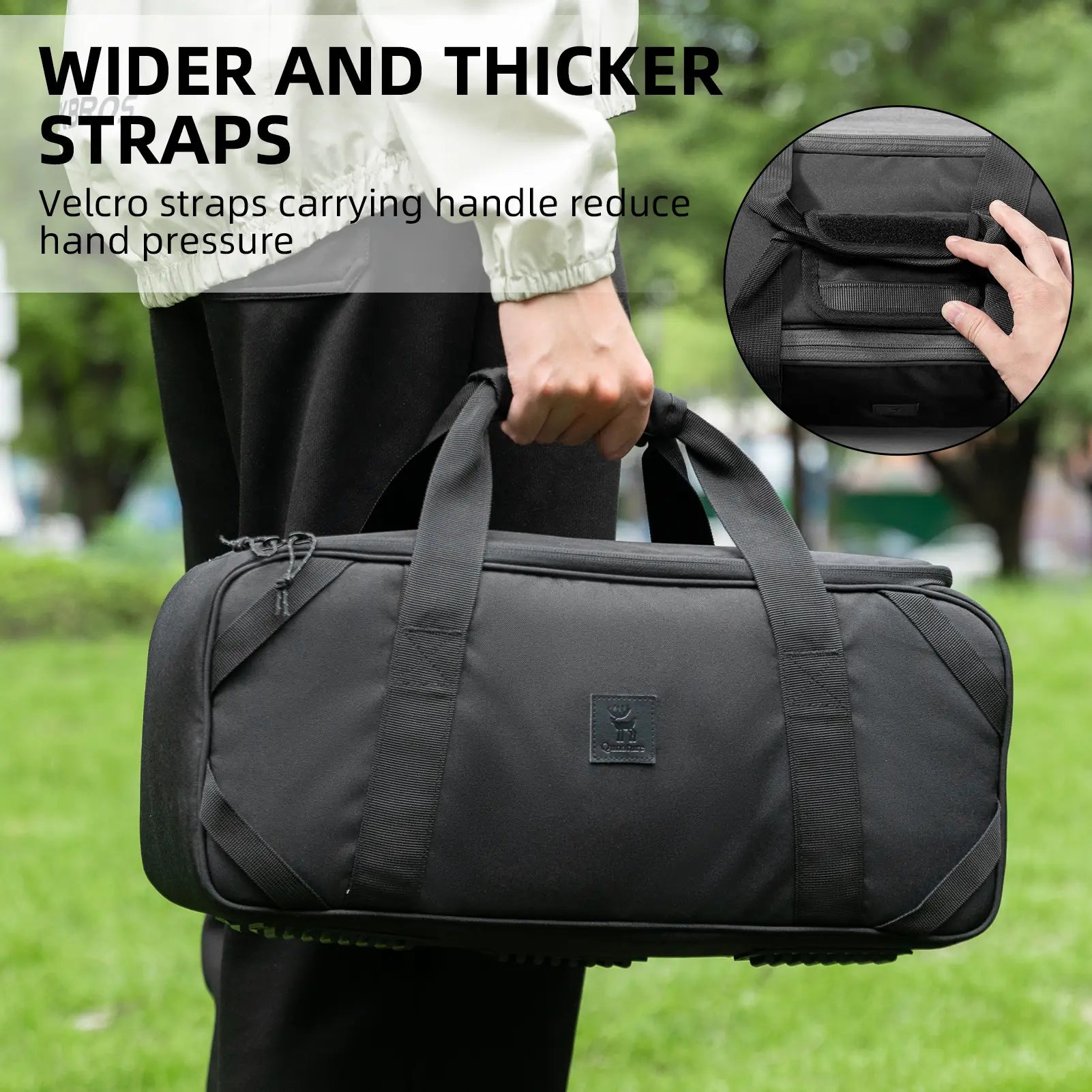 Qunature Global multi-compartment camping tableware carry bag with organized mess kit storage for outdoor dining.