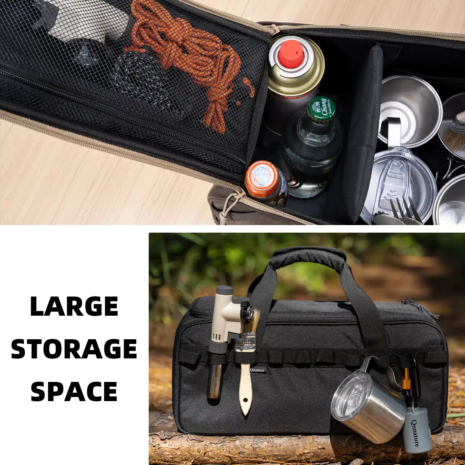 Qunature Global multi-compartment camping tableware carry bag with organized mess kit and utensils for outdoor use.