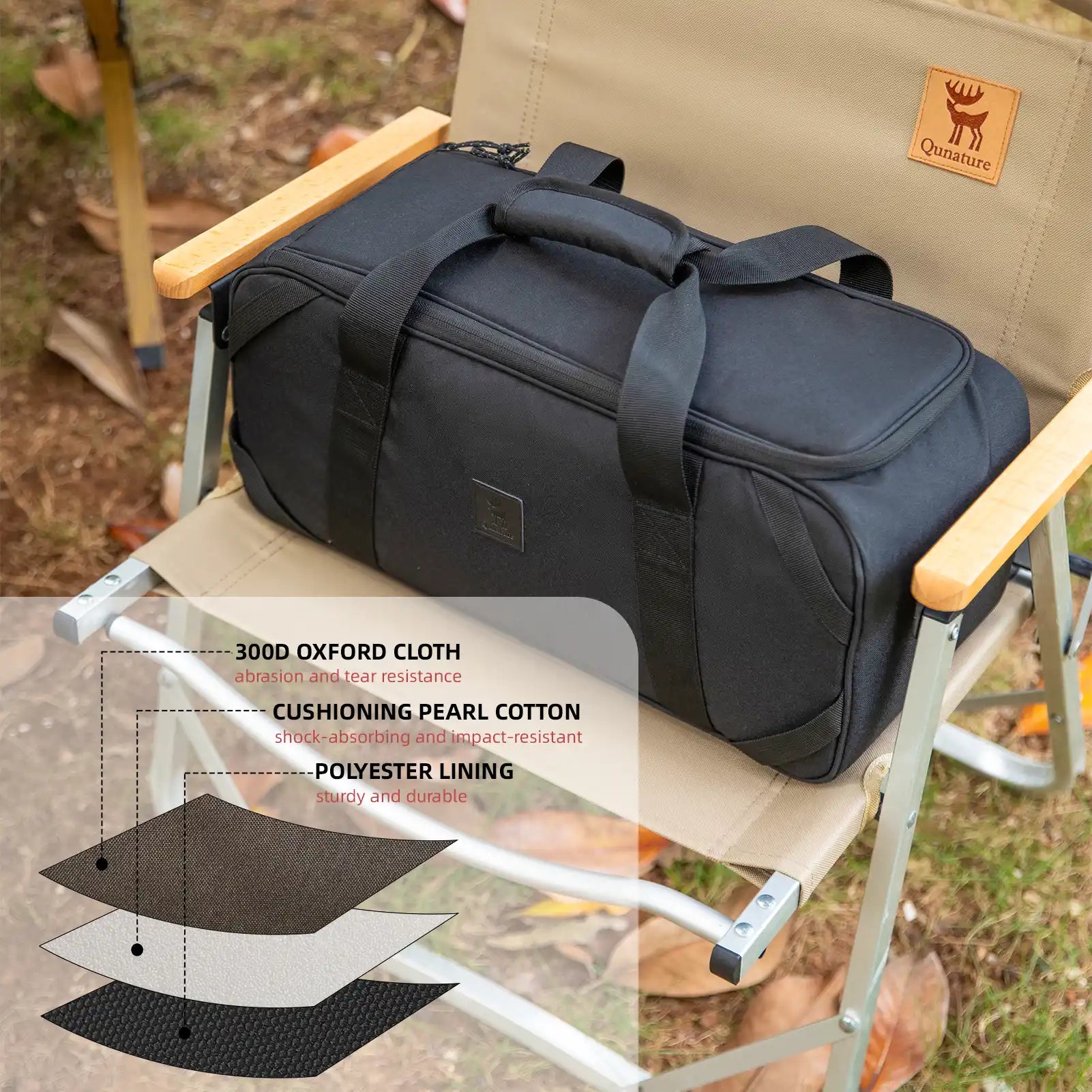 Qunature Global multi-compartment camping tableware carry bag with organized mess kit and utensils for outdoor camping.