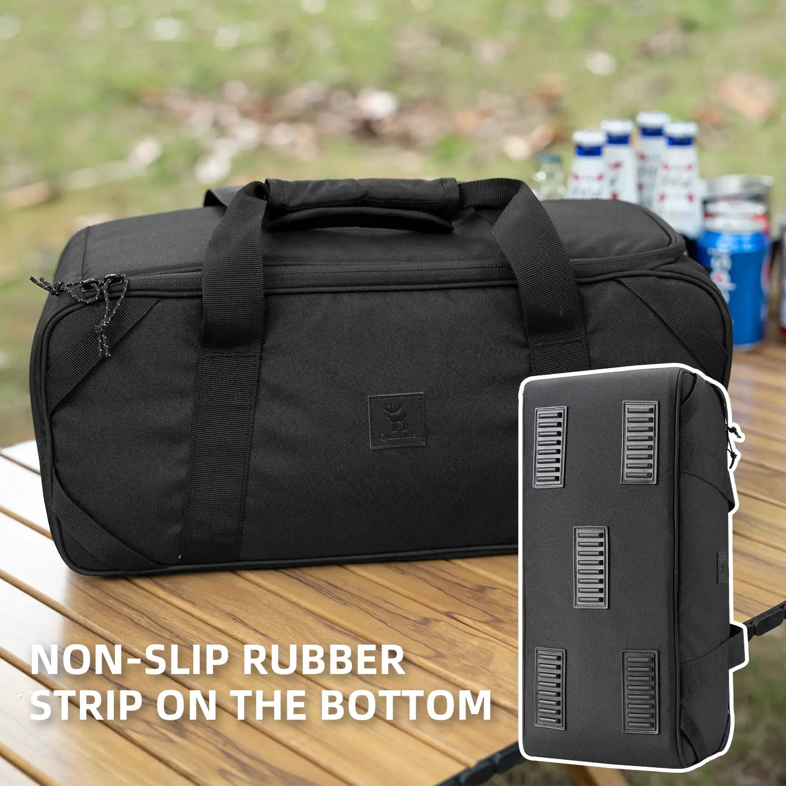 Qunature Global camping tableware carry bag with multiple compartments for organizing mess kit essentials.