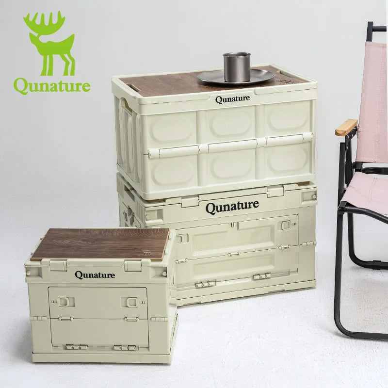 Qunature Global folding storage box with lid, handle, and tabletop, 55L and 30L collapsible design for versatile storage.