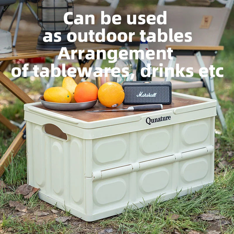 Qunature Global 55L and 30L folding storage boxes with handles, lids, and tabletops for versatile organization and easy transport.