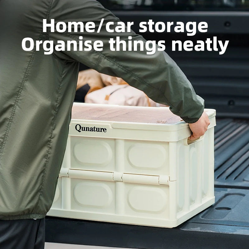 Qunature Global collapsible storage box with tabletop, lid, and handle, 55L and 30L foldable storage bins for organization.