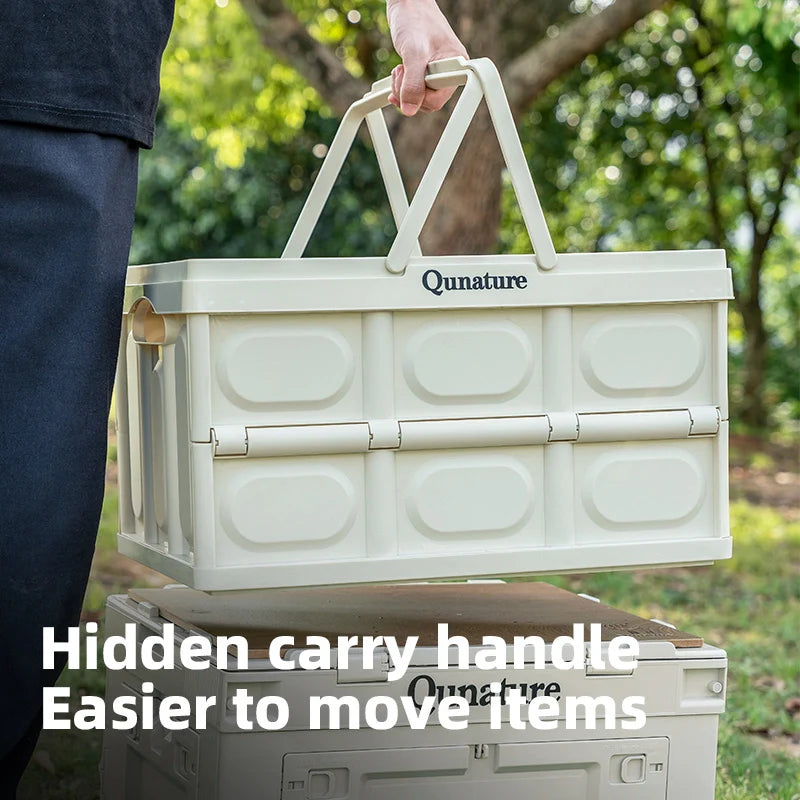 Qunature Global collapsible storage boxes with lids, handles, and tabletop for versatile organization in 55L and 30L sizes.