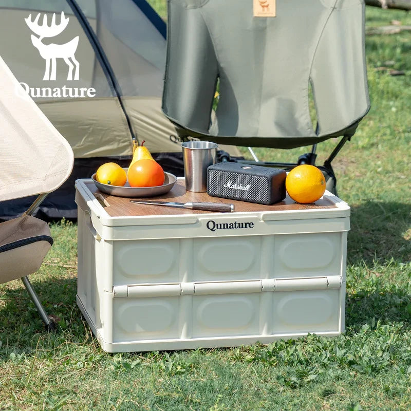 Qunature Global 55L and 30L collapsible storage boxes with lids, handles, and tabletop for versatile organization.