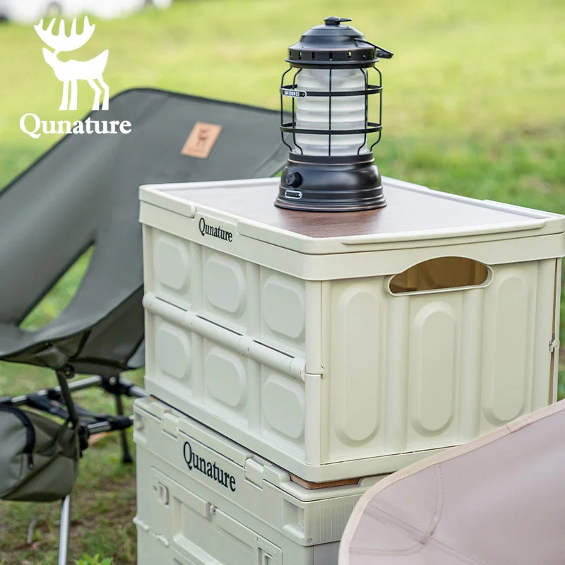 Qunature Global 55L and 30L foldable storage boxes with lids, handles, and tabletop for versatile organization and easy transport.