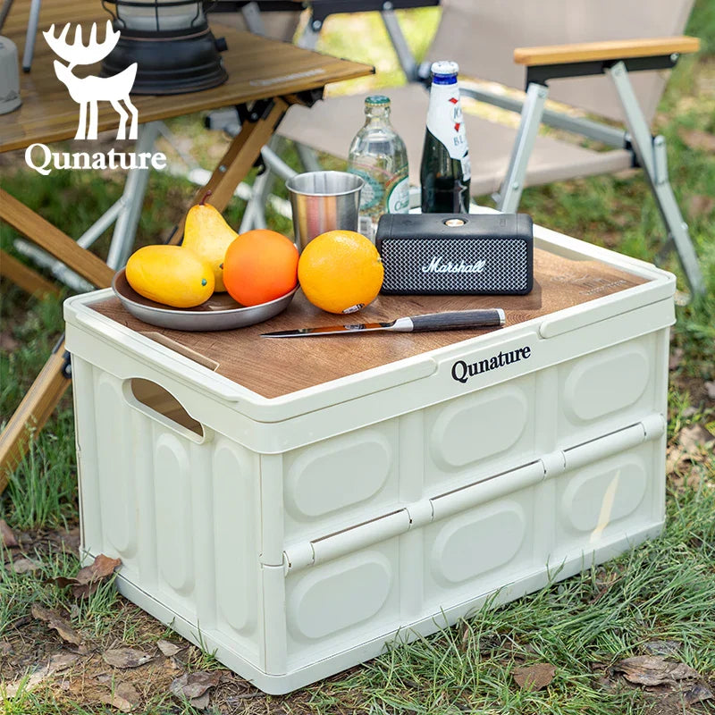 Qunature Global foldable storage box with lid, handle, and tabletop, available in 55L and 30L sizes, for versatile organization.