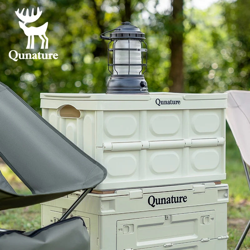 Qunature Global 55L and 30L foldable storage boxes with lids, handles, and tabletop for versatile organization and space-saving storage.