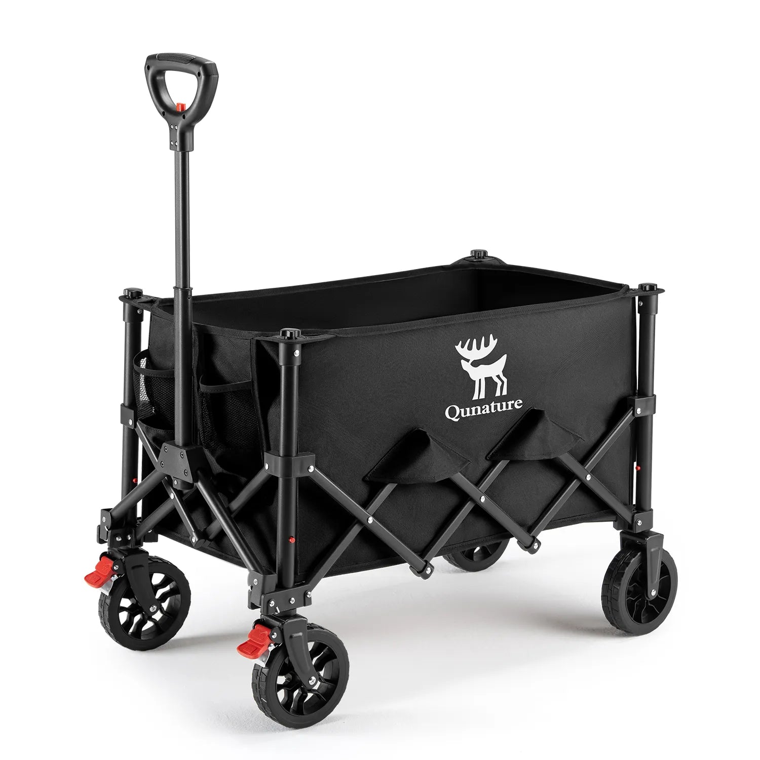 Qunature Global 220lbs foldable utility wagon with 360° swivel wheels, showcasing a collapsible design and sturdy construction.