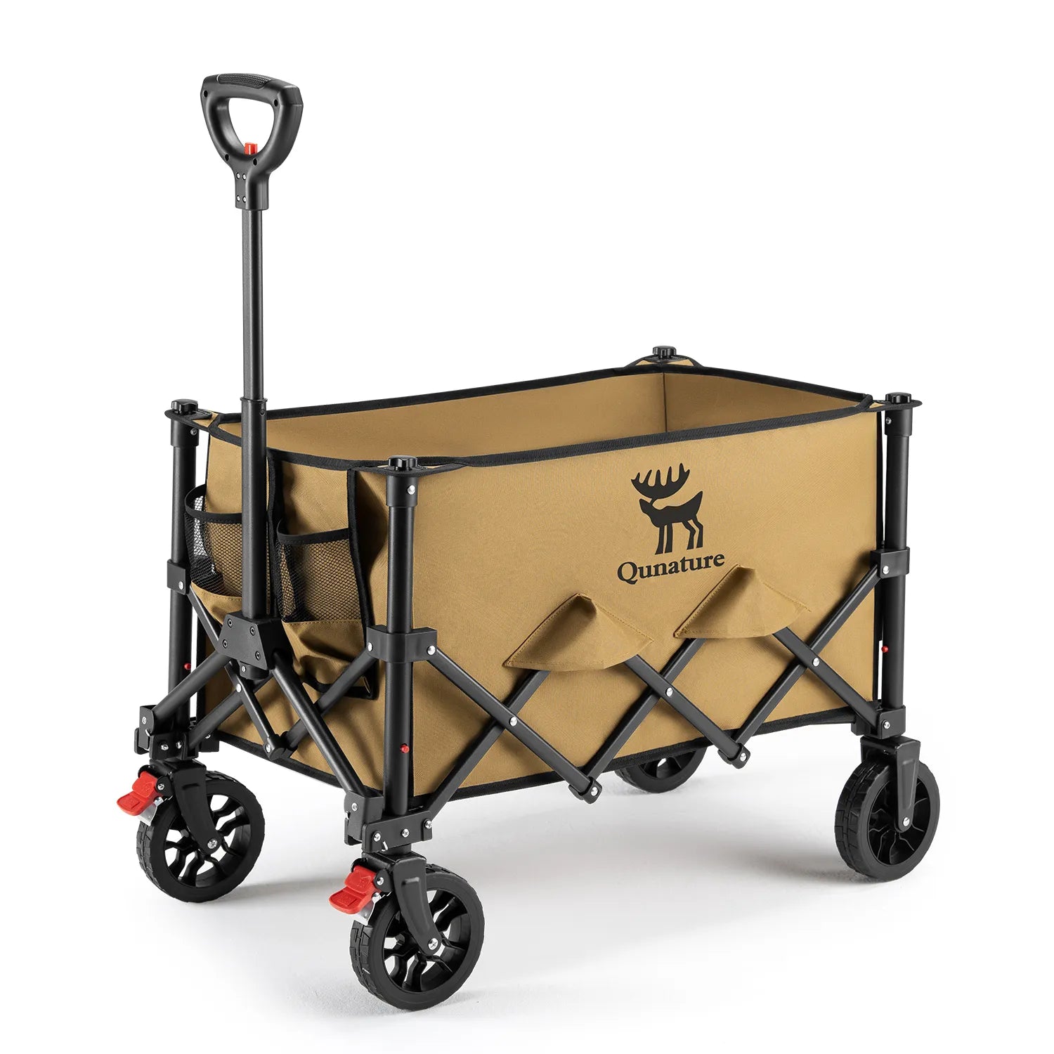 Qunature Global 220lbs foldable utility wagon with 360° swivel wheels, showcasing its compact and durable design.