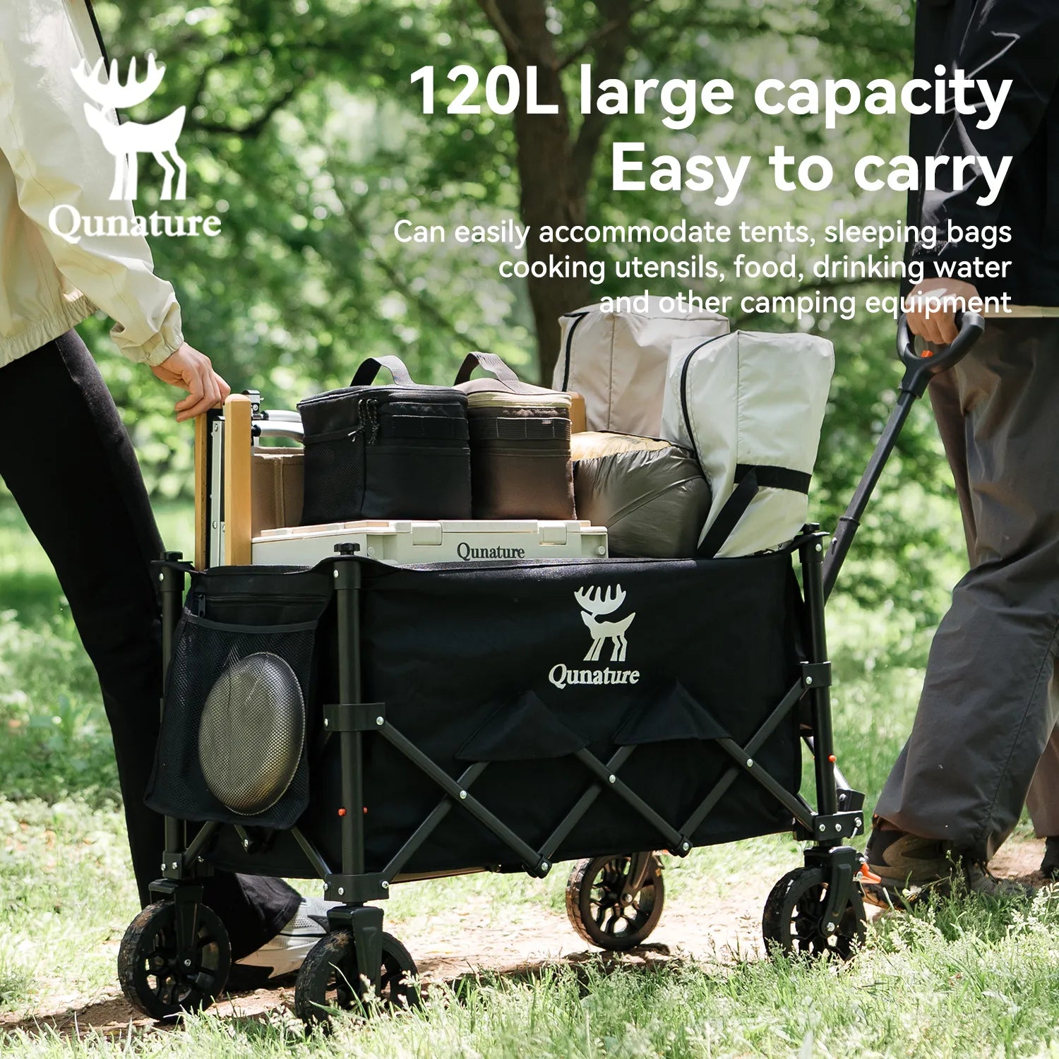 Qunature Global 220lbs foldable utility wagon with 360° swivel wheels in outdoor setting, showcasing its compact design.