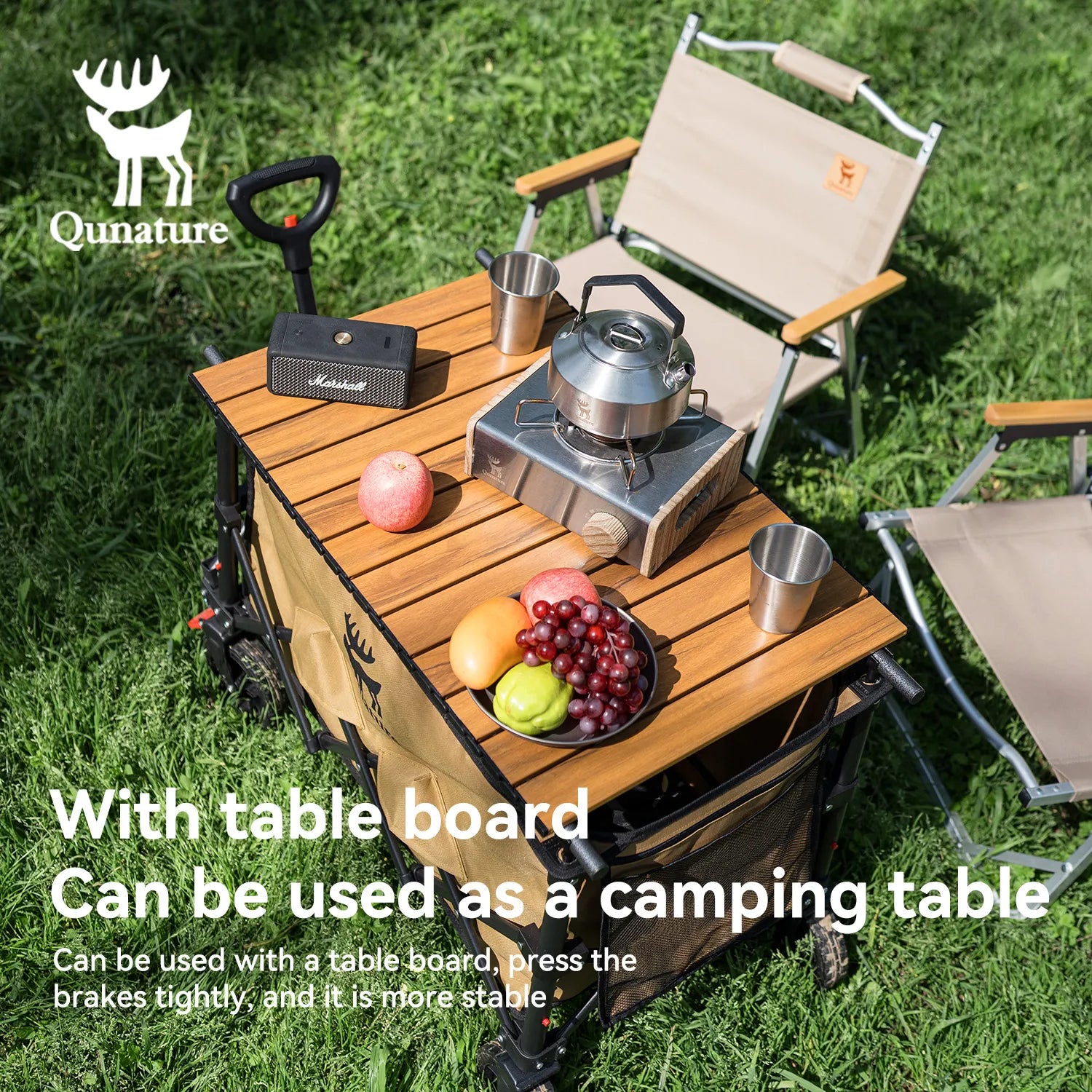 Qunature Global 220lbs foldable utility wagon with 360° swivel wheels in outdoor setting, showcasing its compact design.