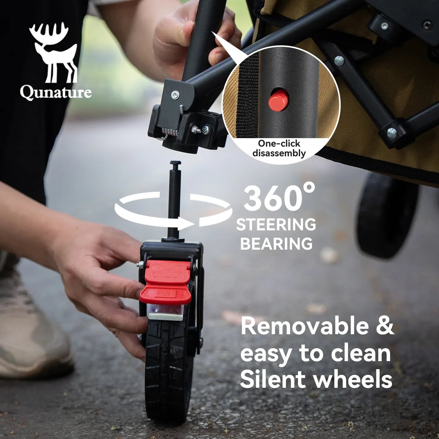 Qunature Global 220lbs foldable utility wagon with 360° swivel wheels in an outdoor setting.