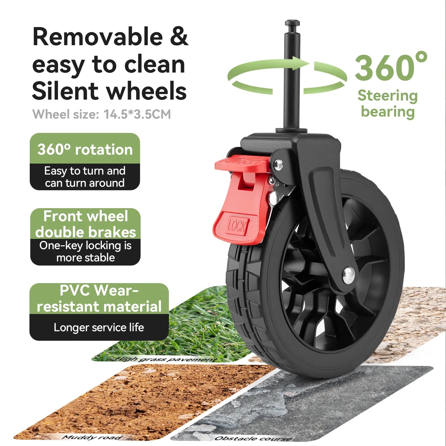 Qunature Global 220lbs foldable utility wagon with 360° swivel wheels, shown in an outdoor setting.