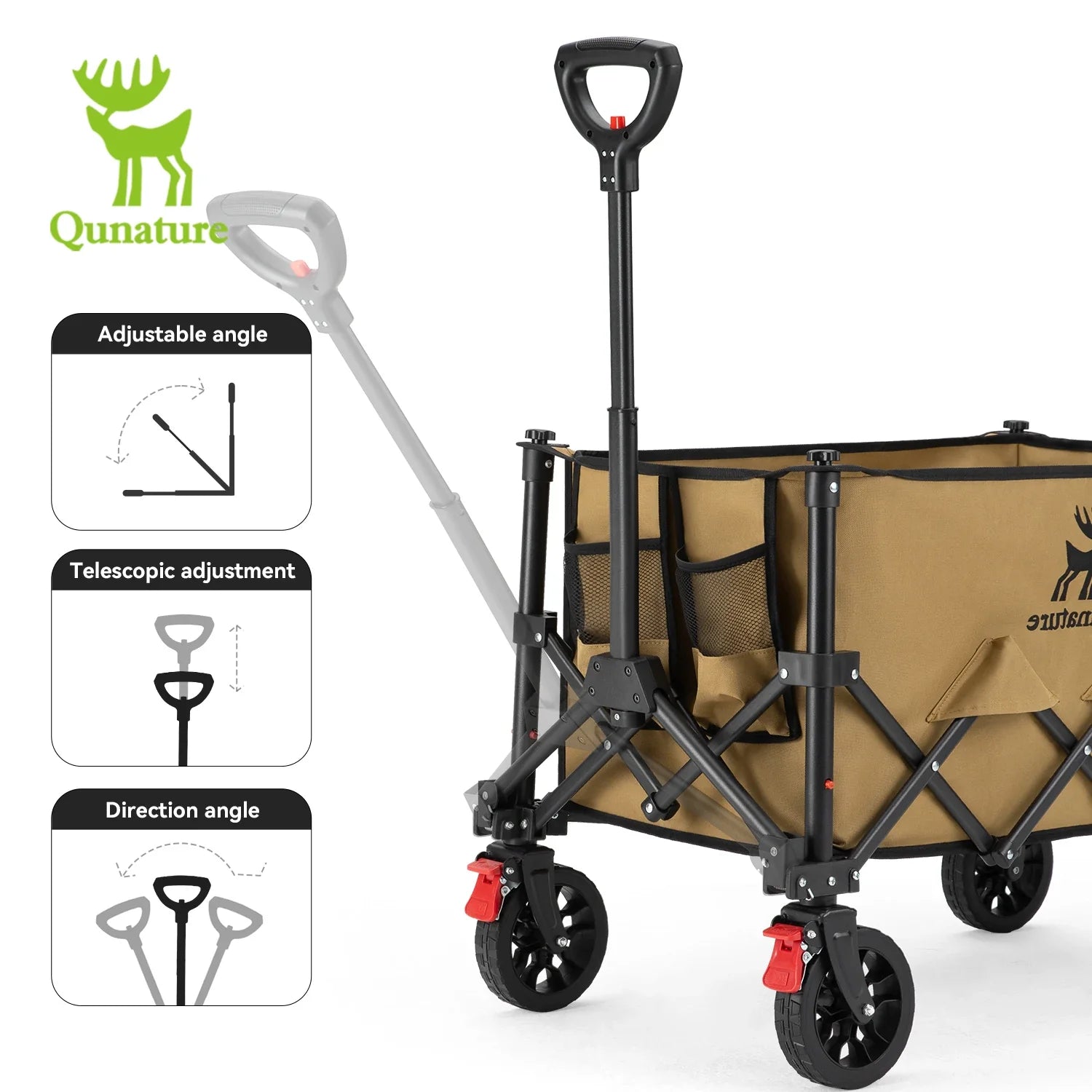 Qunature Global 220lbs foldable utility wagon with 360° swivel wheels, shown in an outdoor setting ready for use.