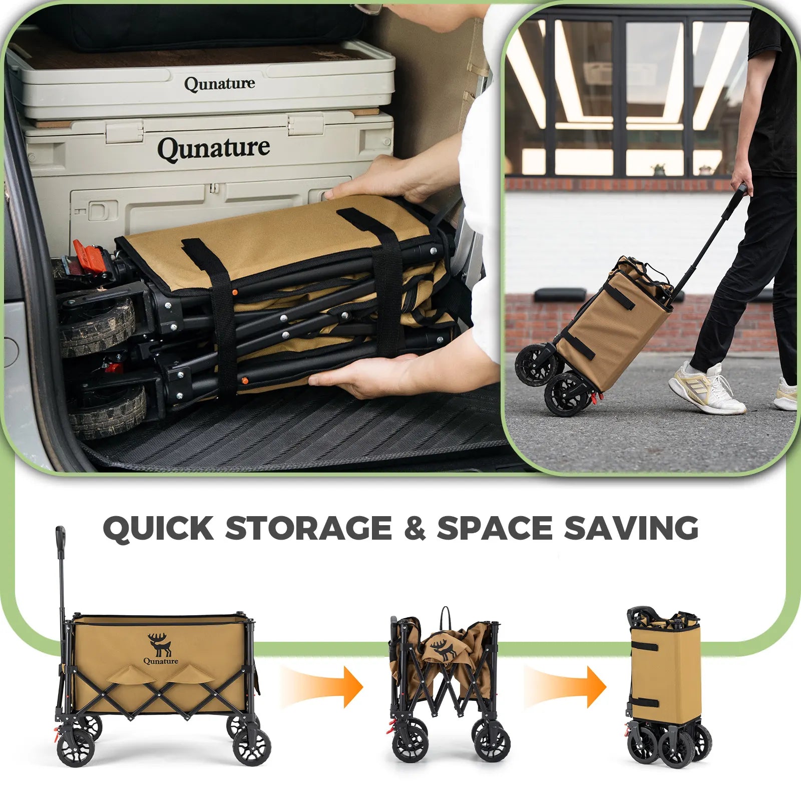Qunature Global 220lbs foldable utility wagon with 360° swivel wheels in a park setting.