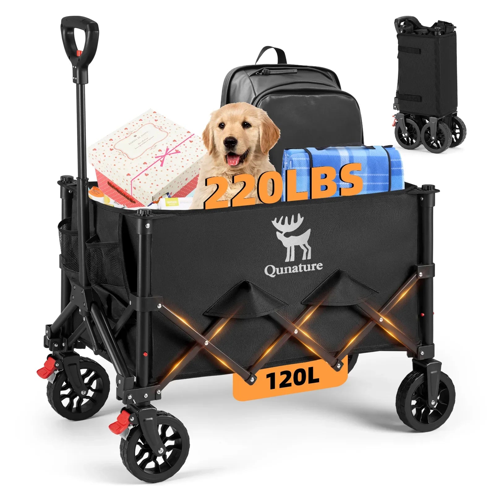 Qunature Global 220lbs foldable utility wagon with 360° swivel wheels in outdoor setting.