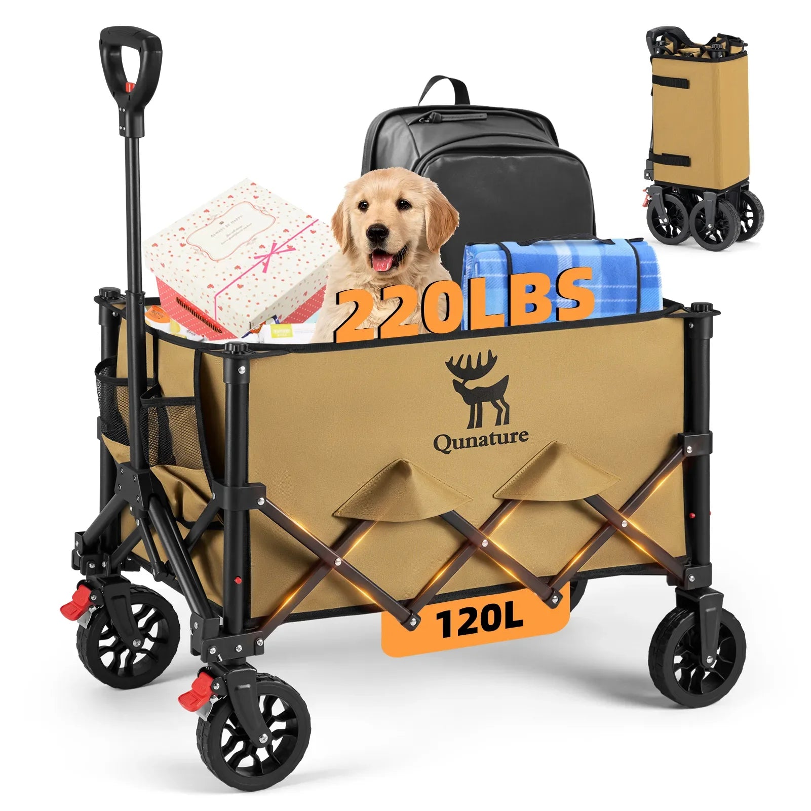 Qunature Global 220lbs foldable utility wagon with 360° swivel wheels in a park setting.