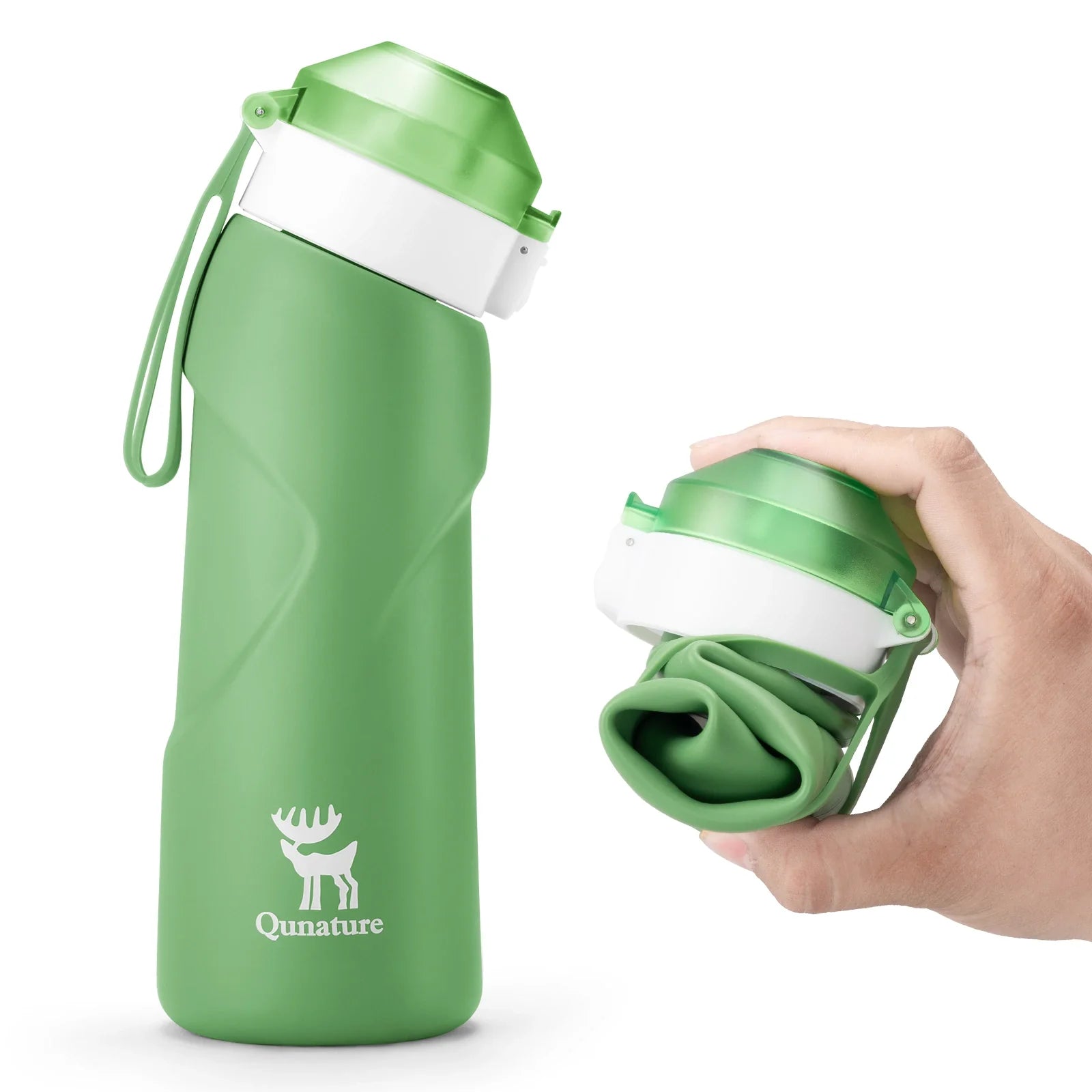 Collapsible Qunature Global soft water bottle with angled spout shown in a flexible design, perfect for hydration on the go.
