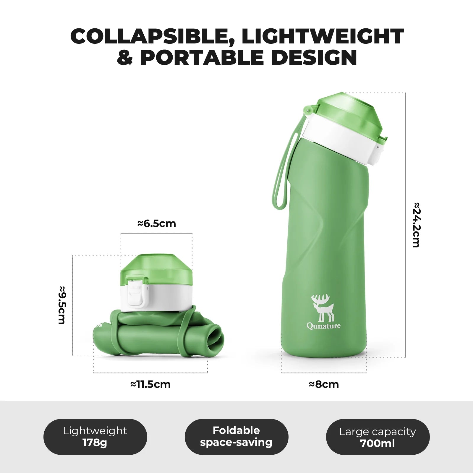 Qunature Global collapsible soft water bottle featuring an angled spout, ideal for hydration on the go.