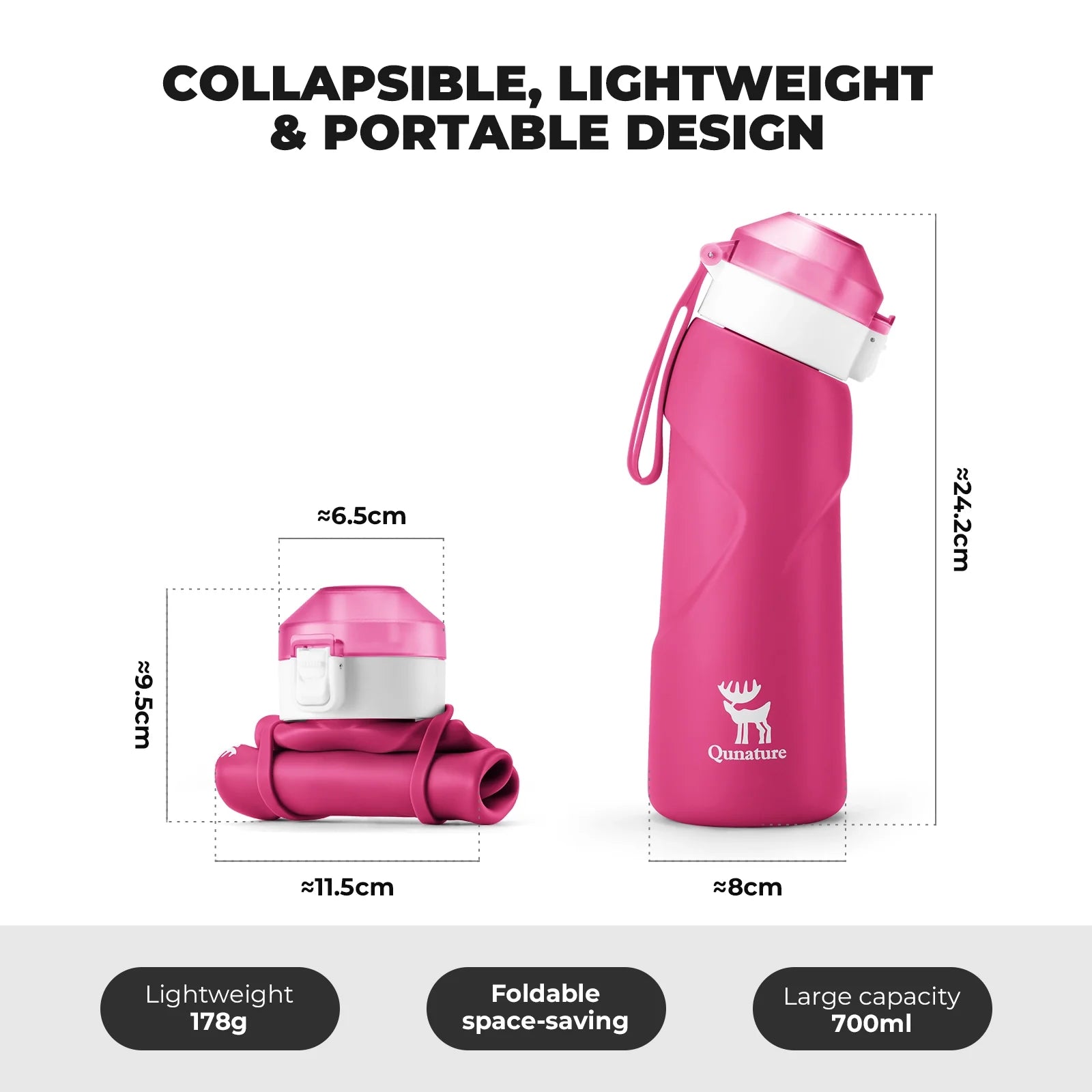 Qunature Global collapsible soft water bottle with angled spout, showcasing flexible design and vibrant color.