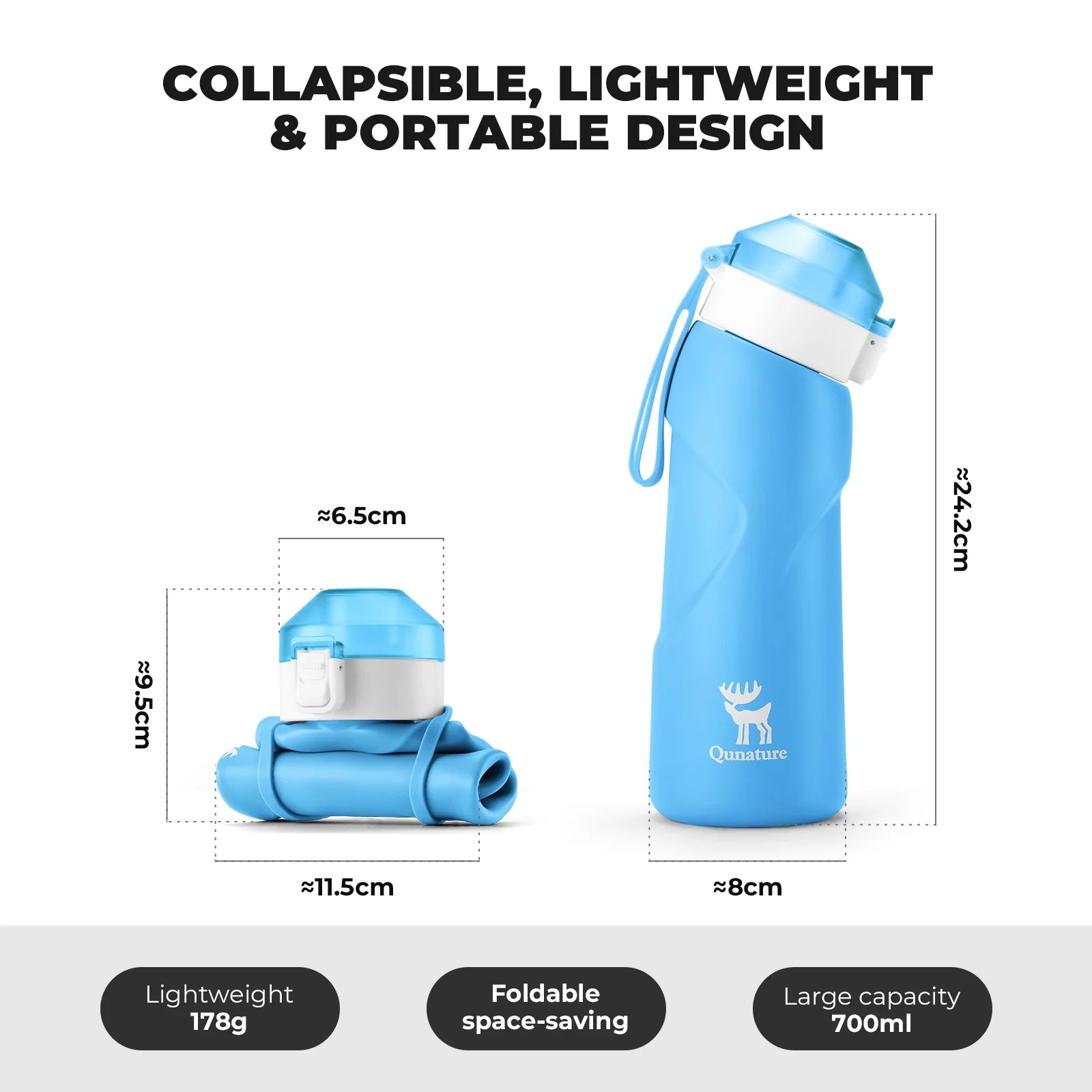 Qunature Global collapsible soft water bottle with angled spout, featuring a flexible design for easy storage.