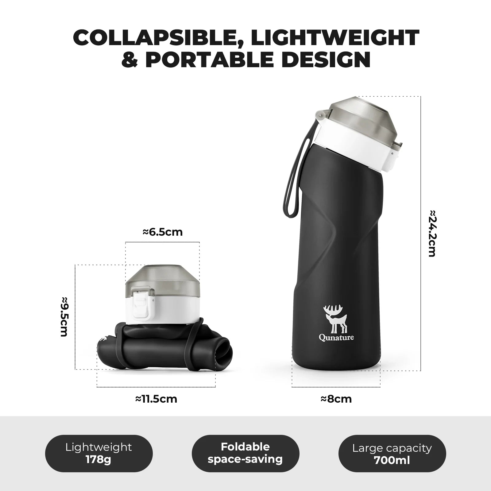 Qunature Global collapsible soft water bottle with angled spout, shown in a flexible design for easy storage.