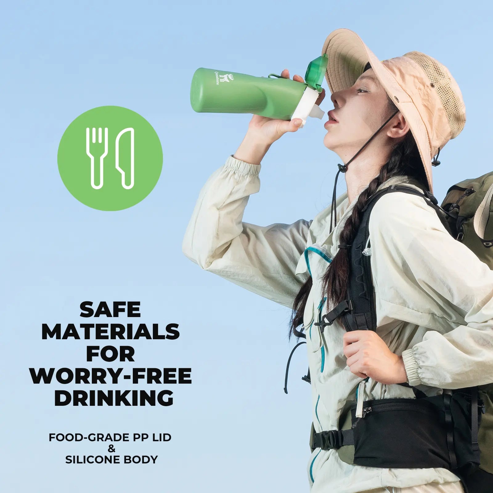 Qunature Global collapsible soft water bottle with angled spout, showcasing flexible design and vibrant color.