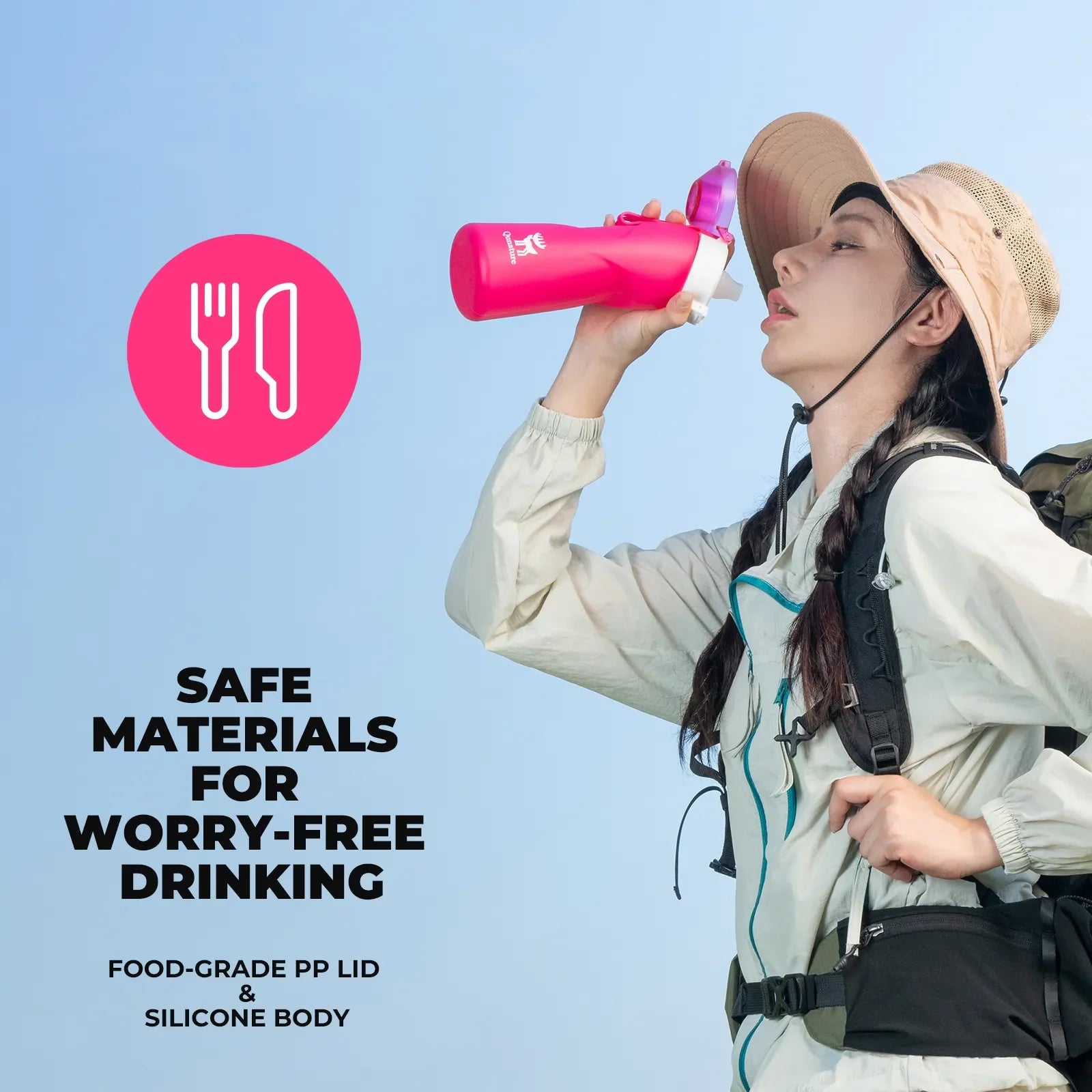 Qunature Global collapsible soft water bottle featuring an angled spout, designed for easy drinking and portability.