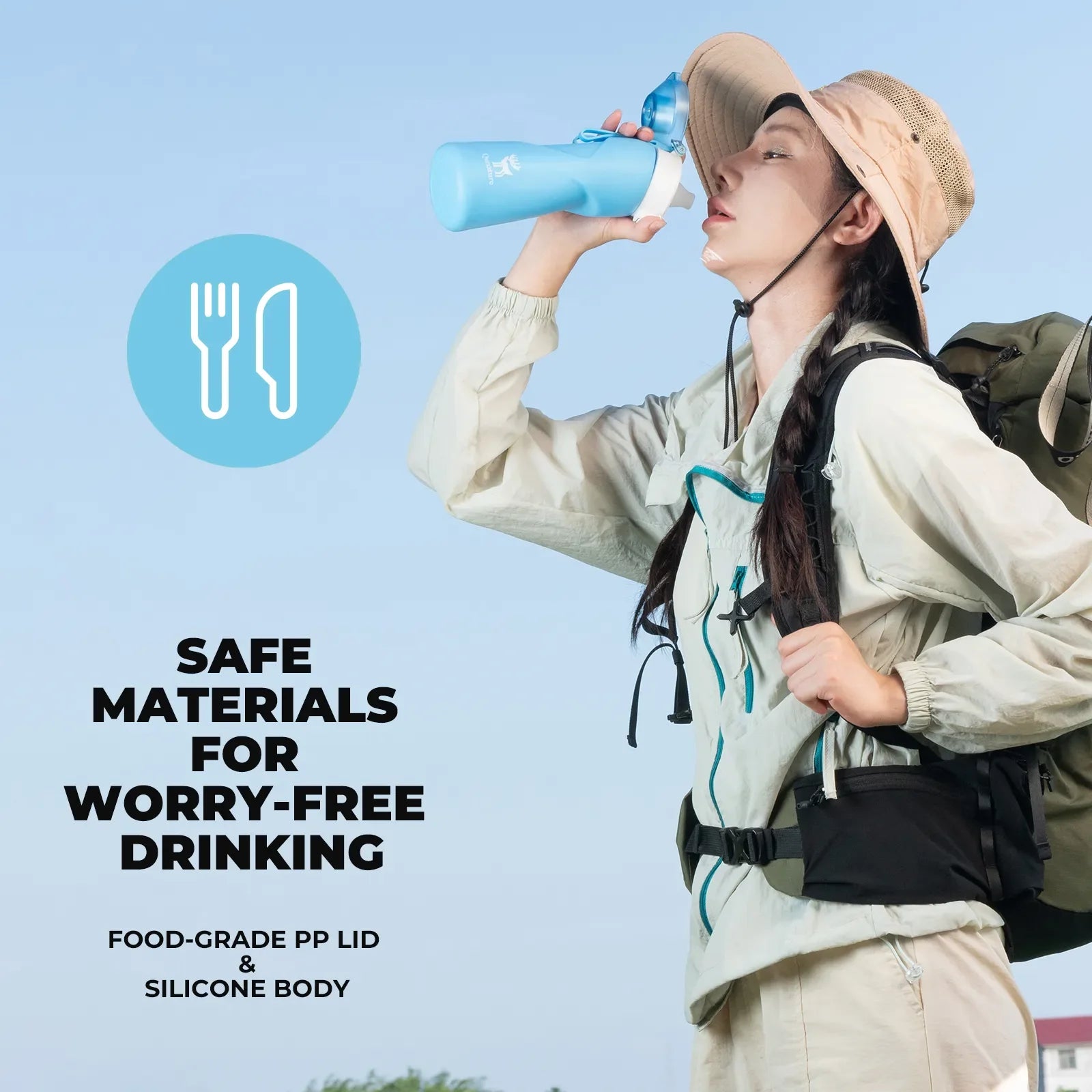 Qunature Global collapsible soft water bottle with angled spout, showcasing flexible design and convenient carrying features.