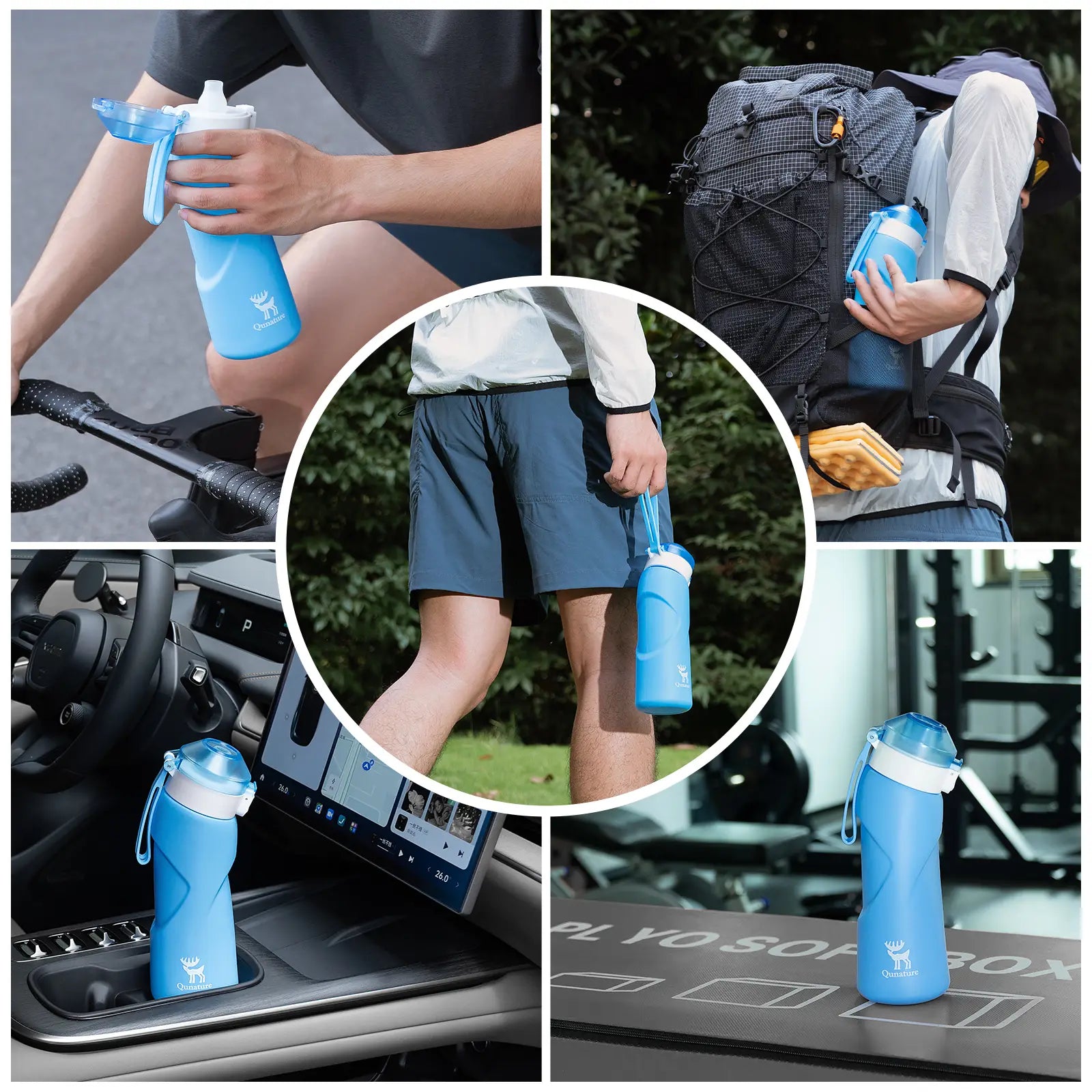 Collapsible soft water bottle by Qunature Global featuring an angled spout, ideal for travel and outdoor activities.