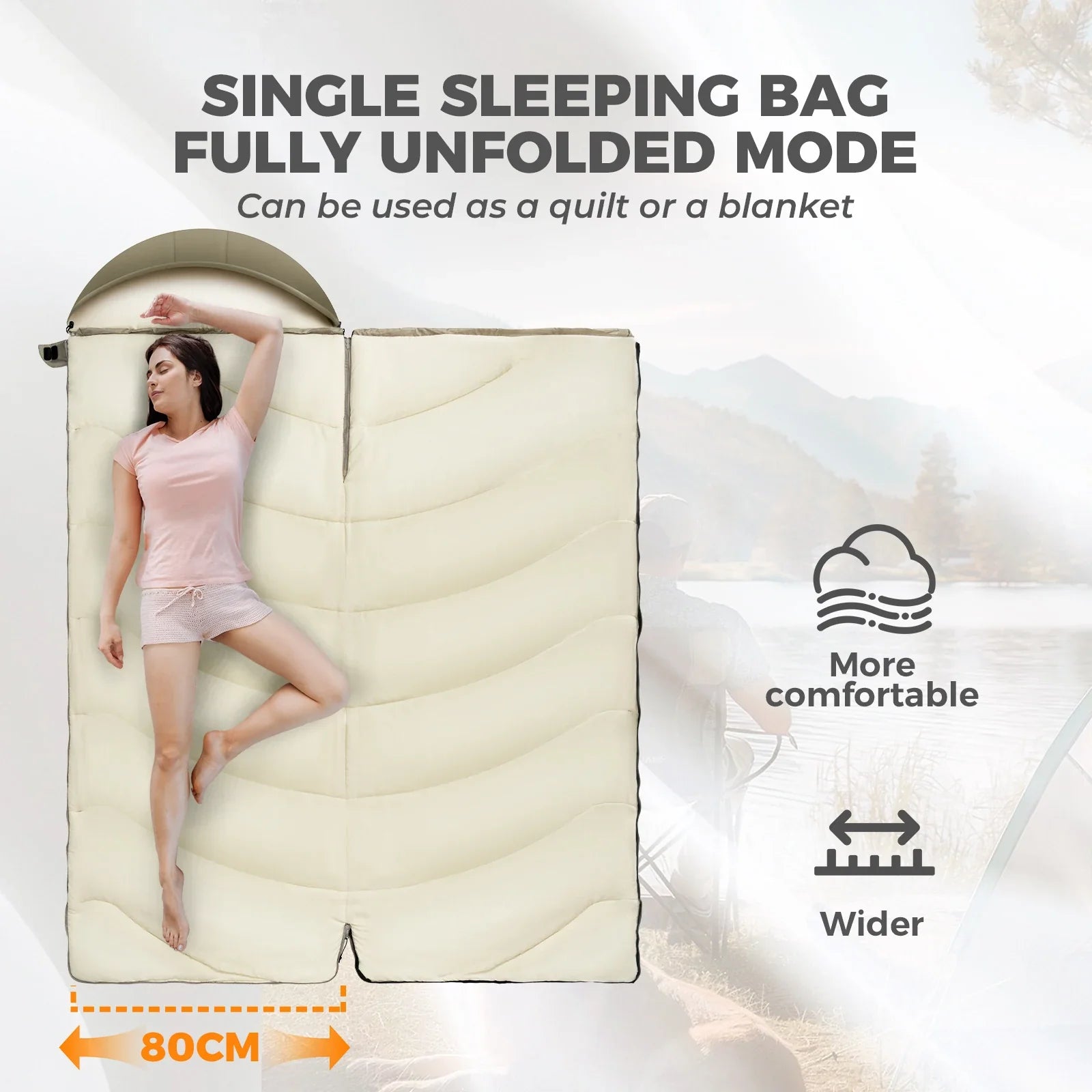 Qunature Global cotton envelope sleeping bag with compression sack, ideal for outdoor camping and portable backpacking.