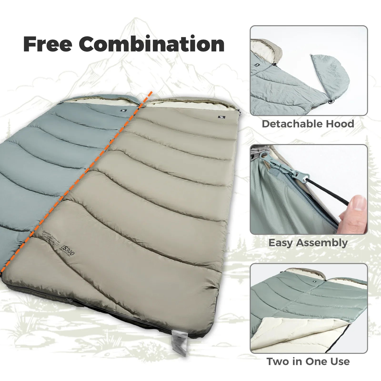 Qunature Global cotton envelope sleeping bag with compression sack, ideal for outdoor camping and backpacking trips.