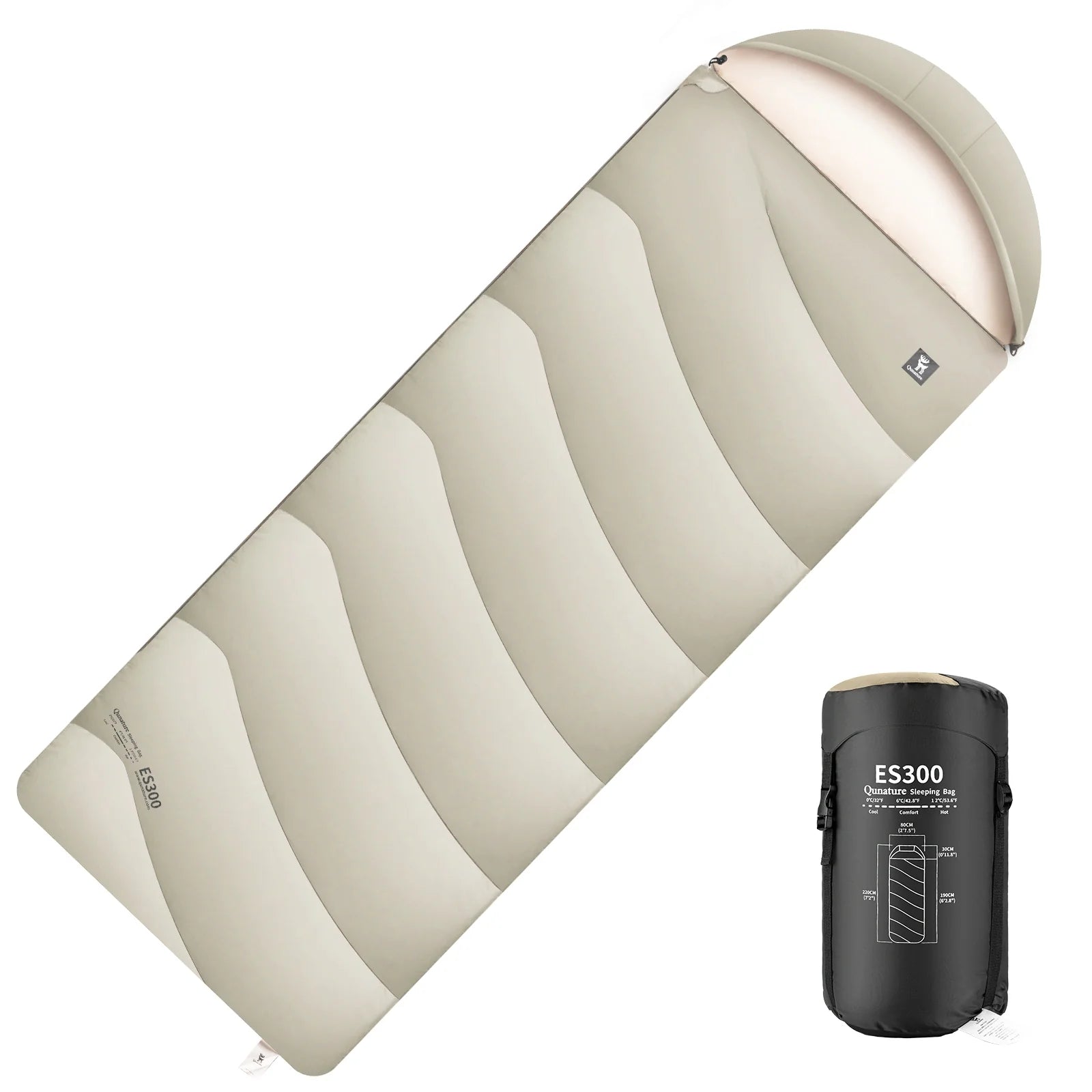 Qunature Global cotton envelope sleeping bag with compression sack, ideal for outdoor camping and backpacking adventures.