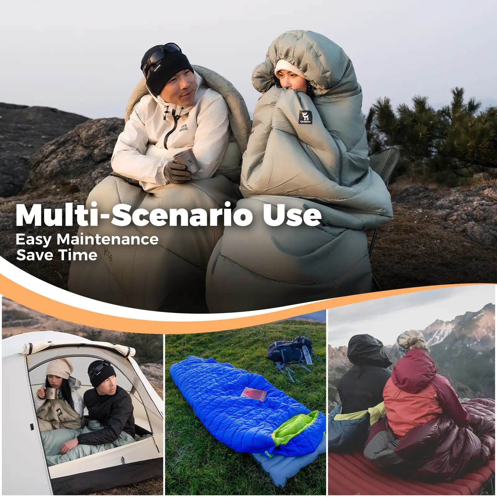 Qunature Global cotton envelope sleeping bag for outdoor camping, featuring a portable design and compression sack.
