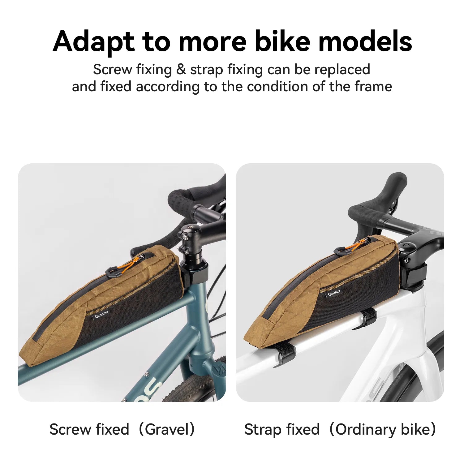 Qunature Global water-repellent bike top tube bag for bikepacking, 1L or 1.75L capacity, attaches to bicycle frame.