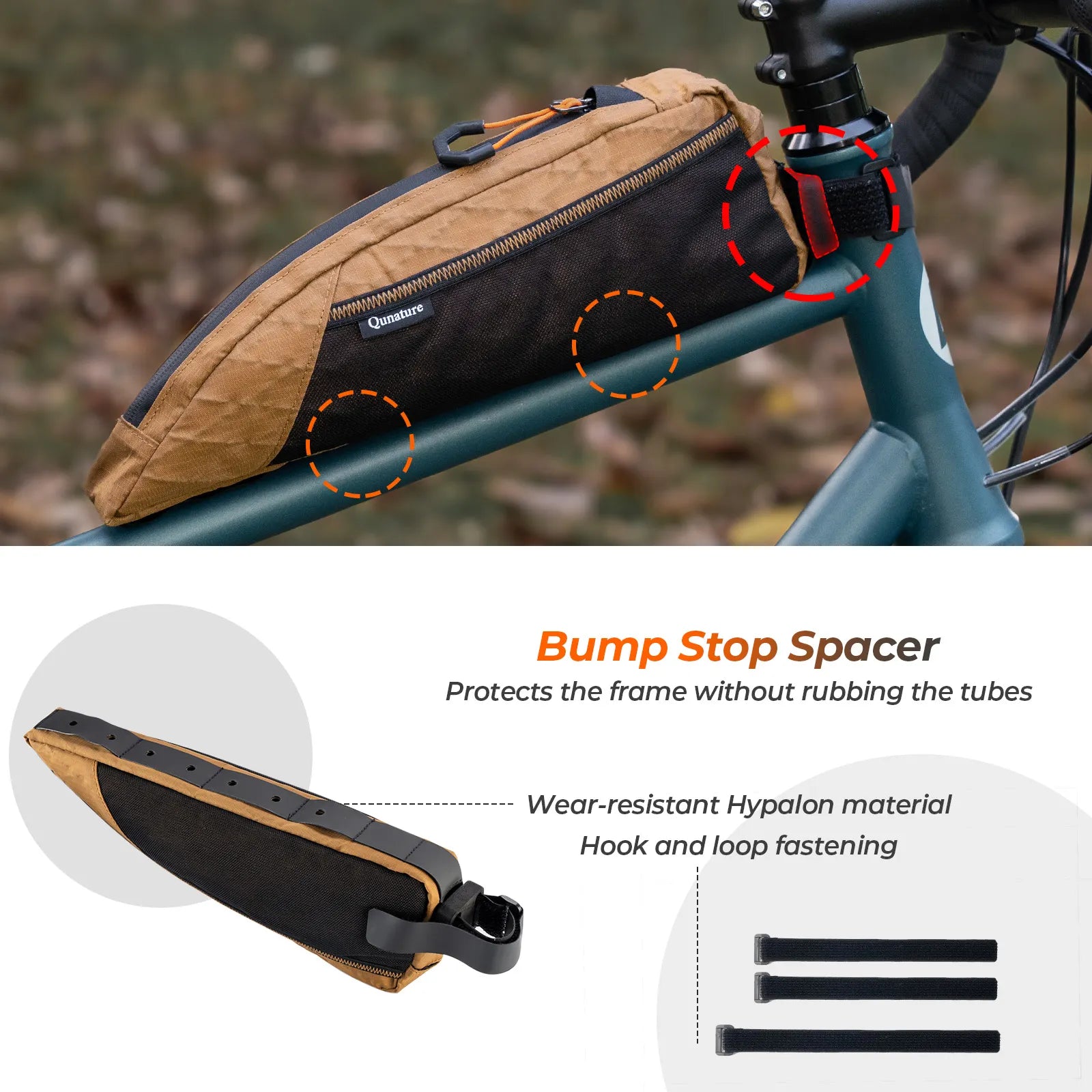 Qunature Global water-repellent bike top tube bag, 1L/1.75L capacity, designed for bikepacking and cycling storage.