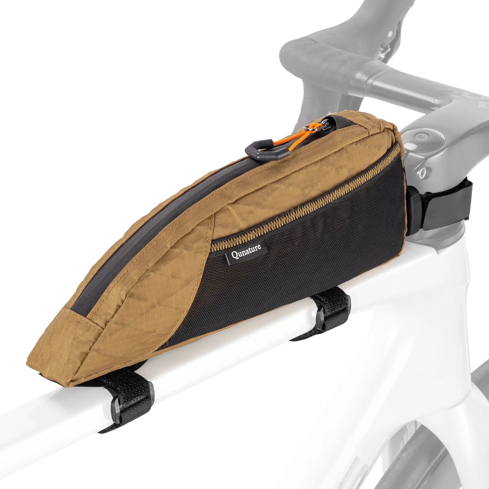 Qunature Global water-repellent top tube bike bag, 1L/1.75L, for bikepacking, mounted on a bicycle frame for storage.
