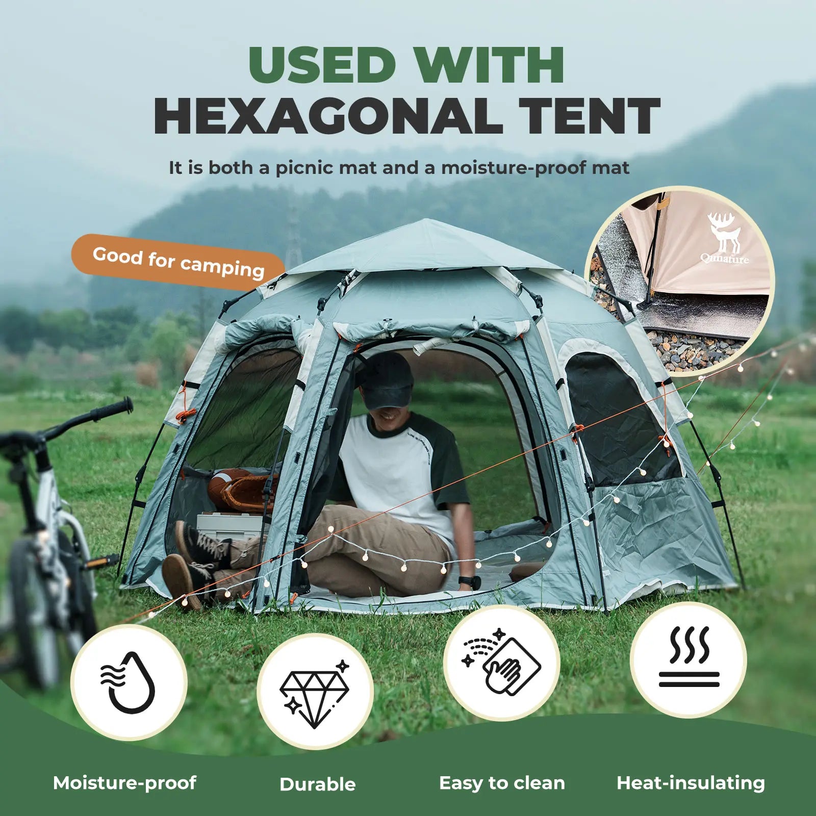Double-sided aluminum picnic tent mat by Qunature Global, waterproof camping ground mat for outdoor activities.