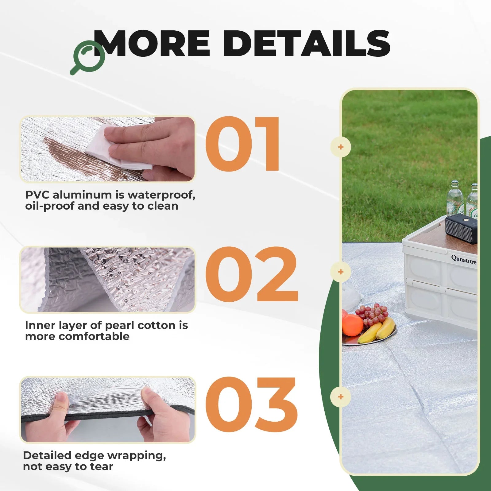 Double-sided aluminum picnic tent mat by Qunature Global, waterproof camping ground mat for outdoor picnics and camping.