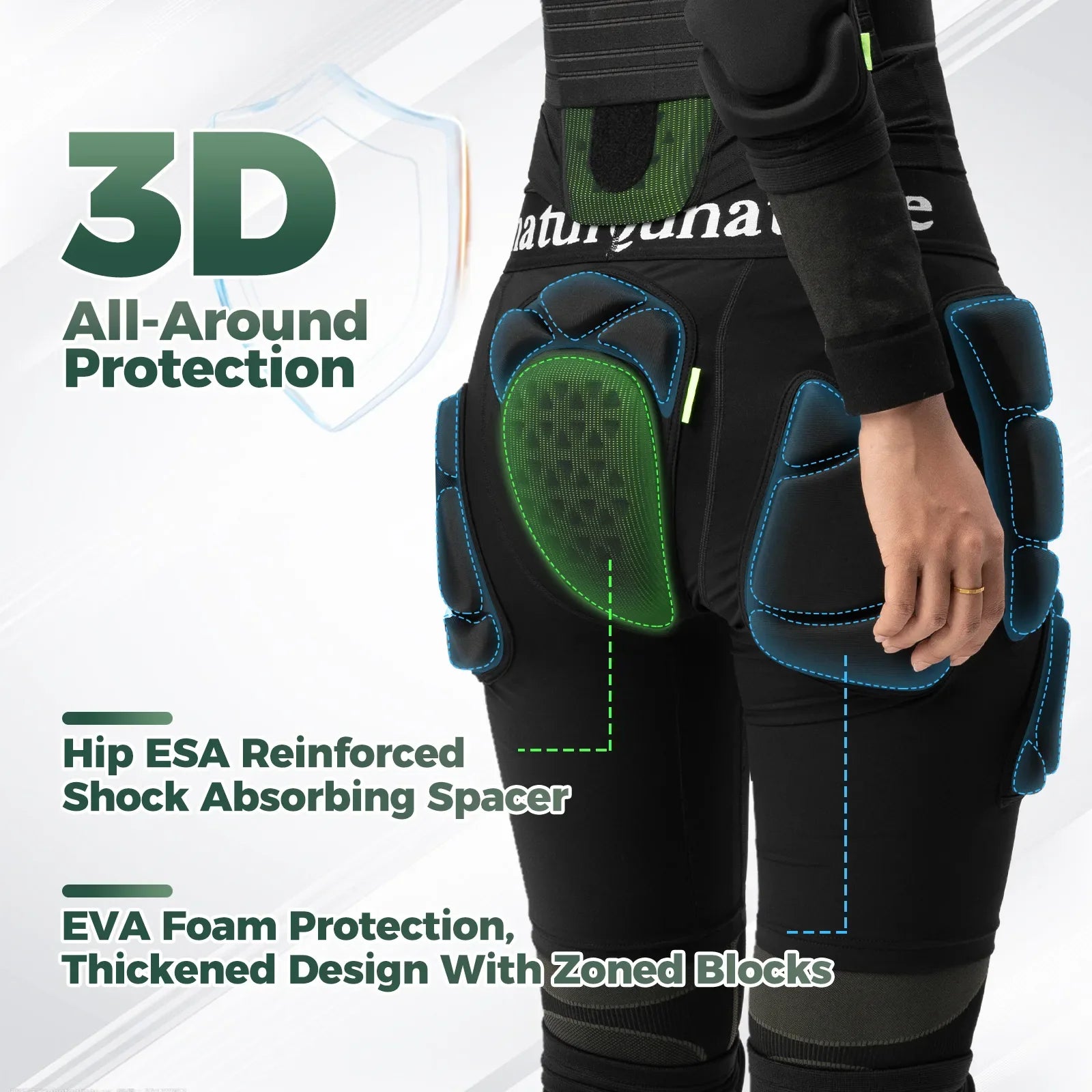 Qunature Global EVA padded ski hip protector with impact protection for winter sports, showing adjustable straps and padded design.
