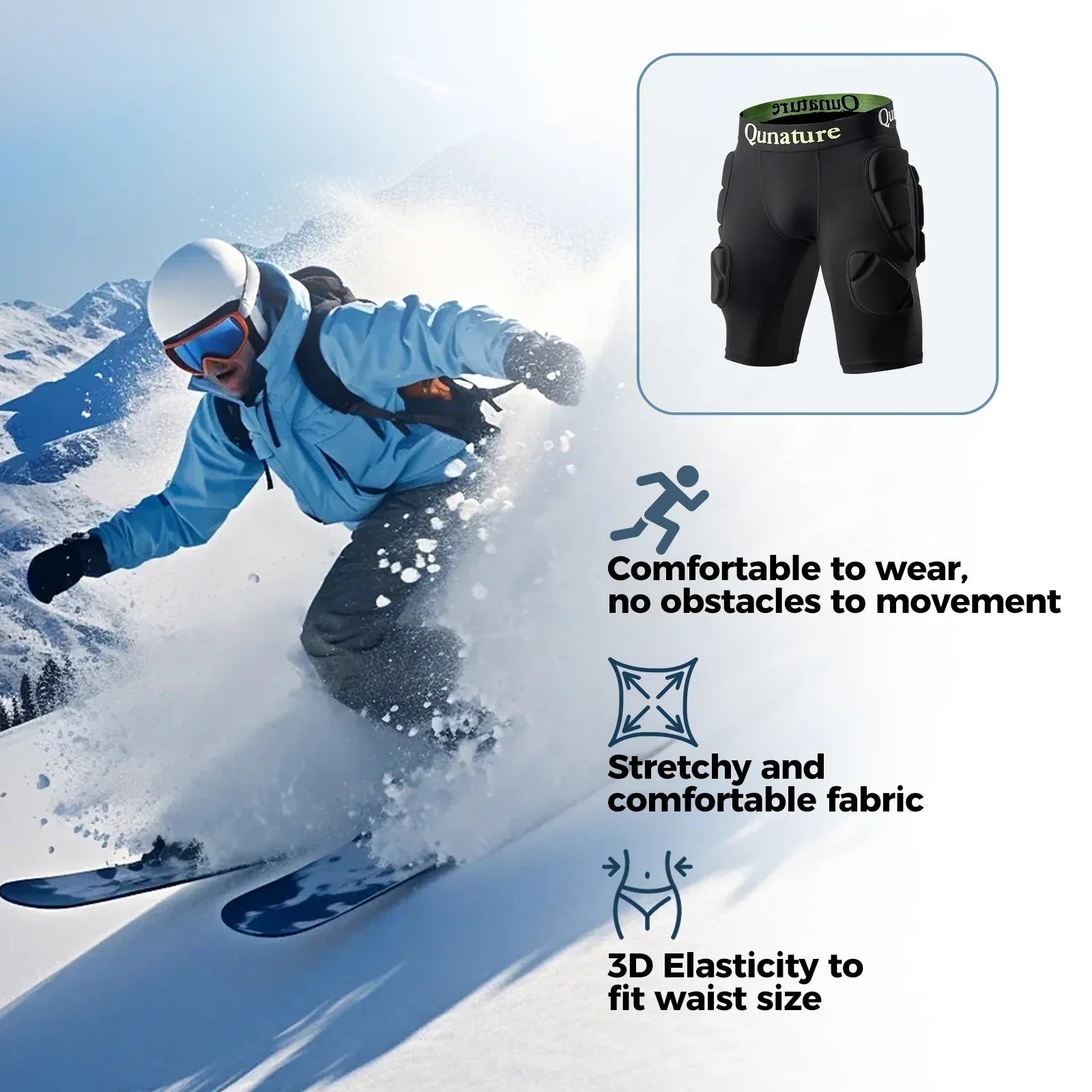 Qunature Global EVA padded ski hip protector providing impact protection for winter sports safety and comfort.