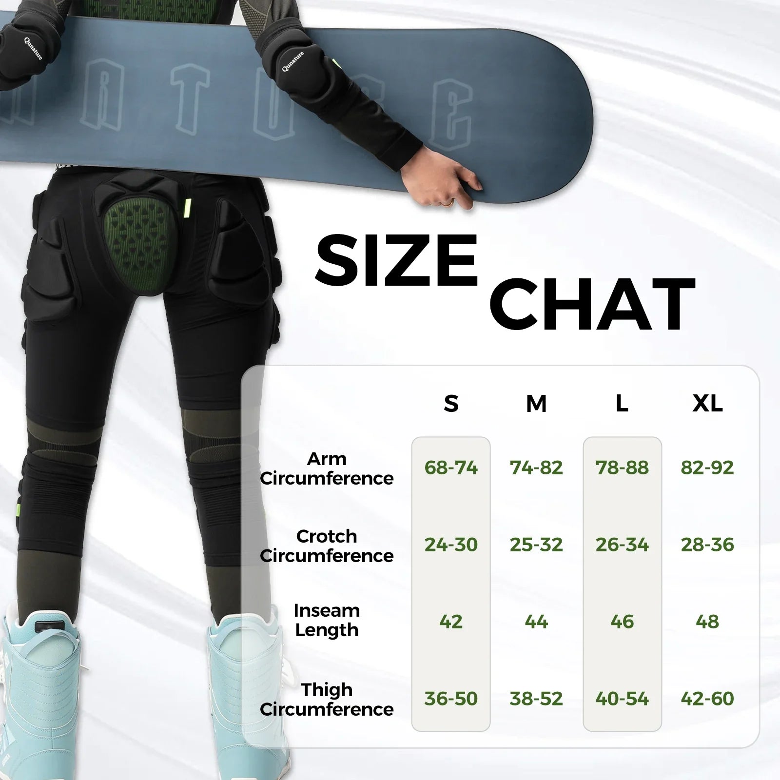 Qunature Global EVA padded ski hip protector for impact safety during winter sports, with adjustable straps and cushioned padding.