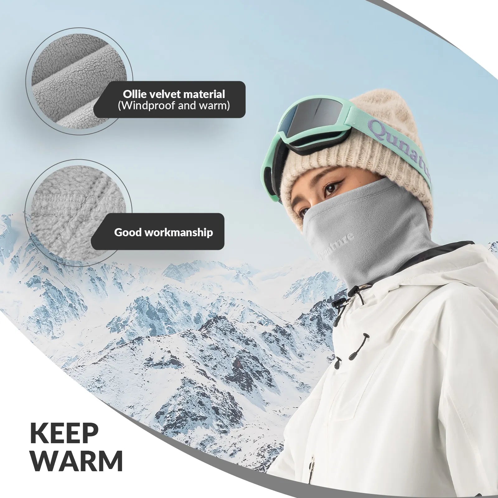 Qunature Global double-sided fleece face and neck warmer head cover for ultimate comfort and warmth.