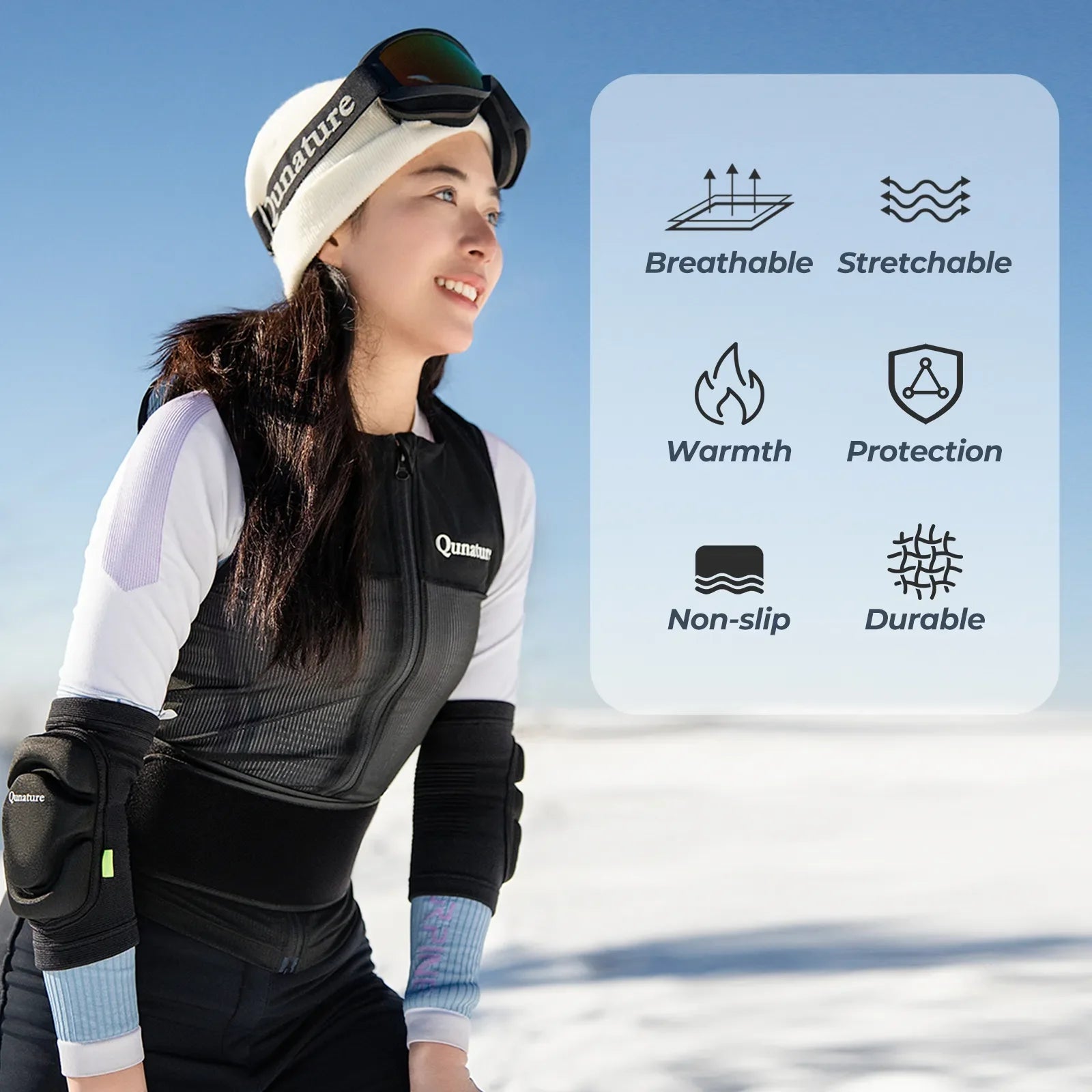 Qunature Global flexible and durable impact protection elbow pads with 3D full coverage for safety during sports or outdoor activities.