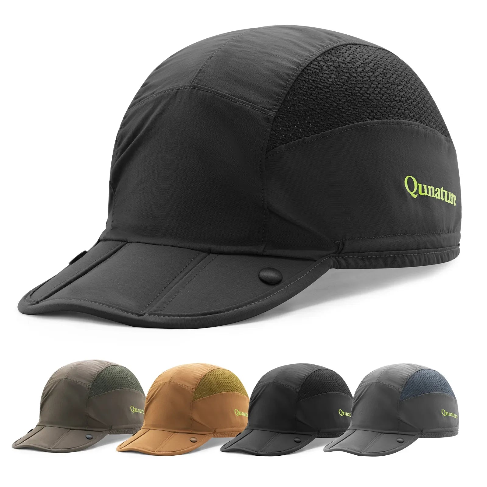 Foldable Qunature Global hiking and cycling hat with breathable liner and sun visor, designed for outdoor activities.