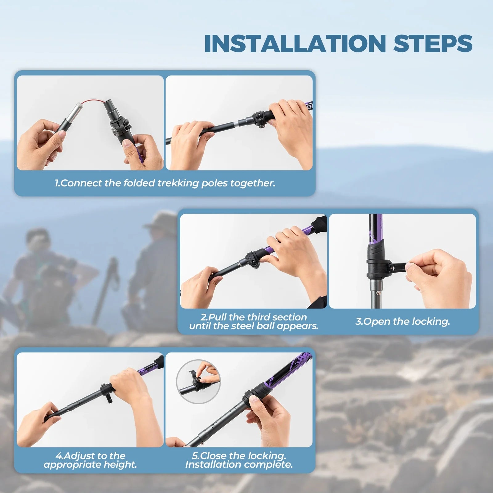 Foldable lightweight aluminum trekking pole with adjustable height and ergonomic grip by Qunature Global, suitable for hiking and trekking.