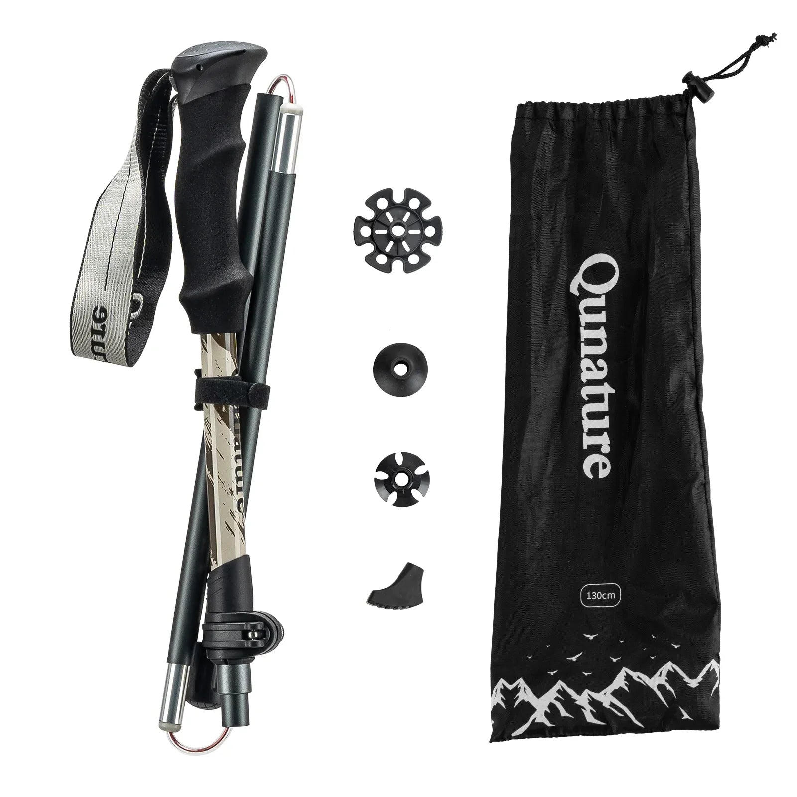 Foldable lightweight aluminum trekking pole with adjustable height and grip by Qunature Global for hiking and outdoor trekking.