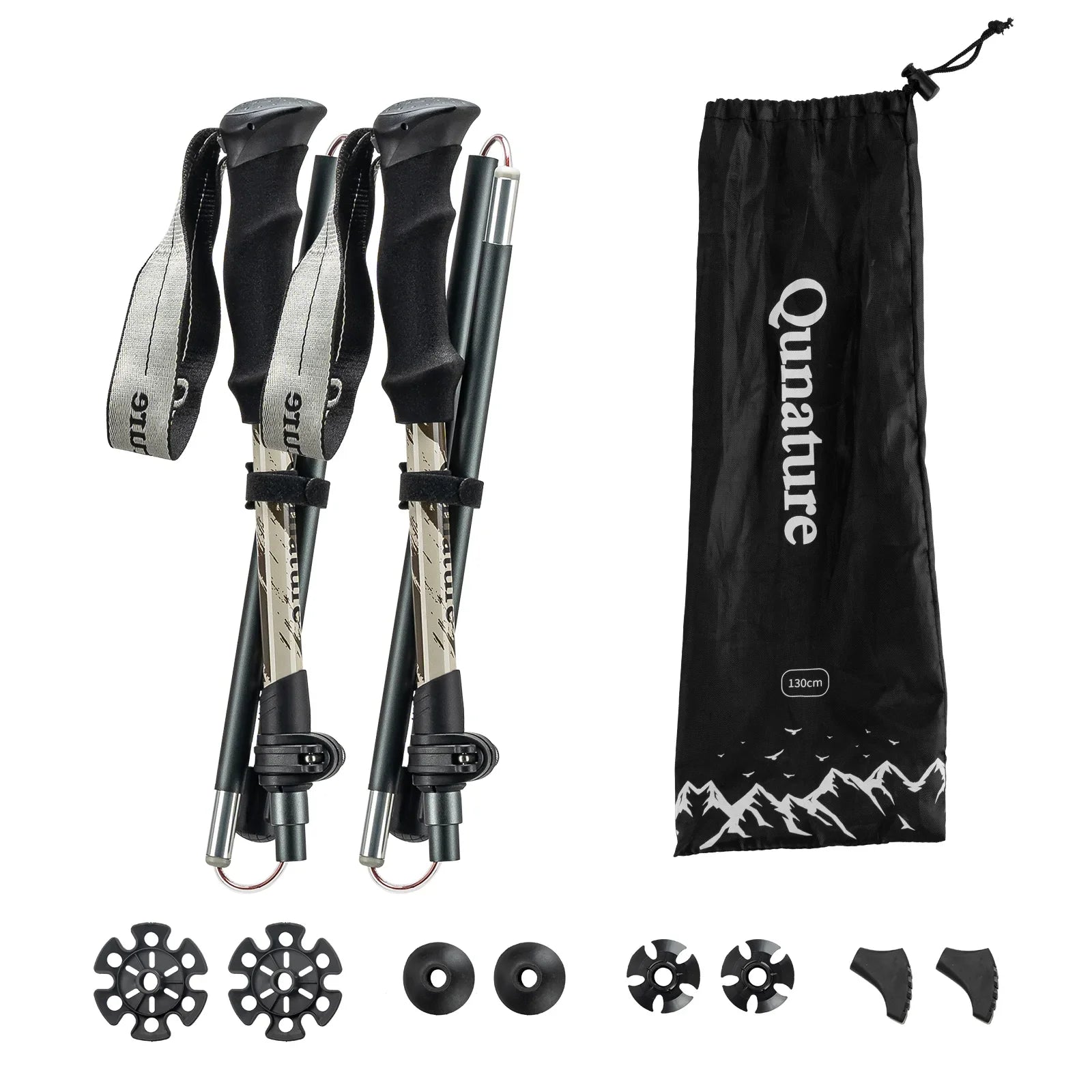 Qunature Global foldable lightweight aluminum trekking pole with adjustable height and ergonomic grip for hiking and outdoor trekking.